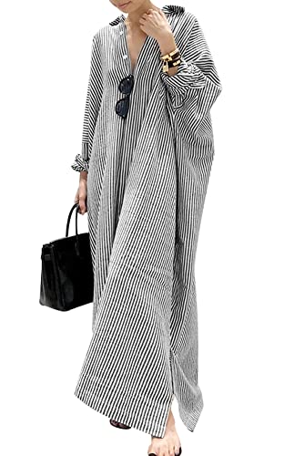chouyatou Women's Casual Long Sleeve Button Down Loose Striped Cotton Maxi Shirt Dress (Medium, Black)