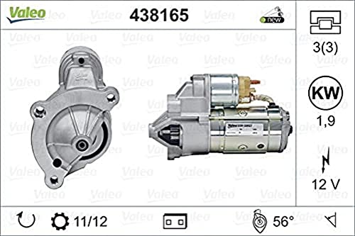 VALEO-438165-Motor de arranque- Potencia nominal: 1,9 kW - Stop & Start: NO - Número de dientes: 11/12 dientes - Tensión: 12 V - Sentido de rotación: CLOCKWISE