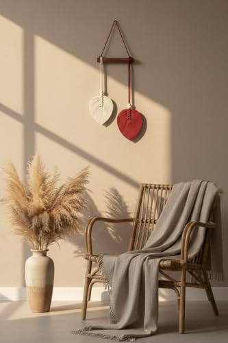 Image of AdFashionble Boho Macrame Wall Hanging Leaf Decor for Home, Living Room & Bedroom | Cotton Thread Art with Wooden Rod | Minimalist Handmade Wall Decoration | Aesthetic Nordic Wall Art for Home, Office & Gift Purpose (RED & WHITE)