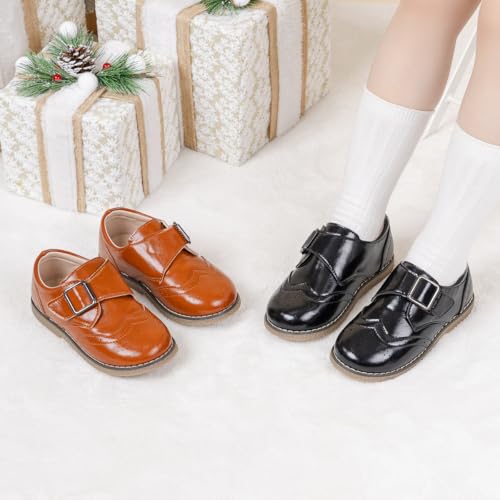 Image of Meckior Toddler Boys Girls Dress Shoes Little Kid Oxford Shoes Wedding Church Dress Shoes PU Leather Lace Up School Uniform Loafer Flats