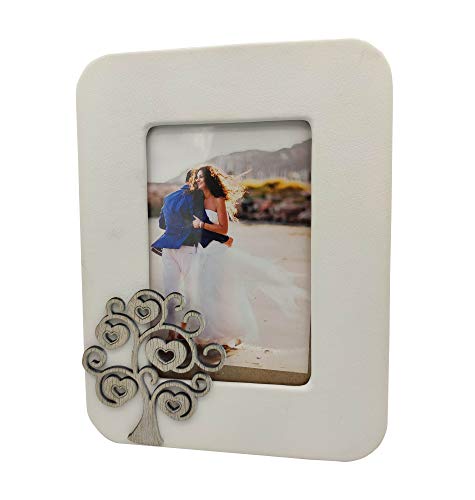 oggettando, Portafoto Cornice da Tavolo in Ecopelle Bianca con Applicazione in Legno Albero della Vita in Scatola da Regalo. Bomboniere, anniversari. Regali utili, Originali ed Economic. (17x23 cm)