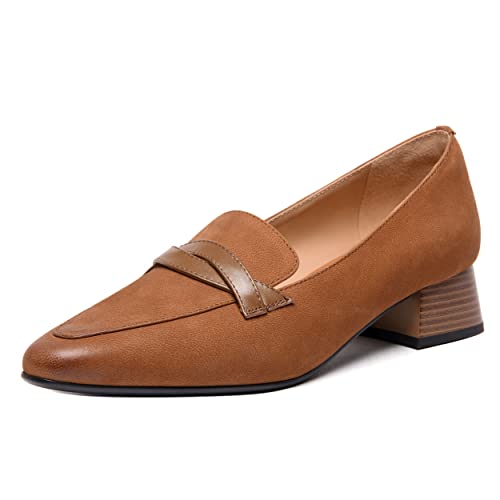 Image of FEMSTEP Women's Loafer Square Toe Slip On Casual Office Matte Leather Chunky Low Heel Formal Shoes 1.5 Inch
