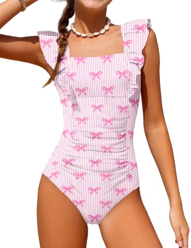 Image of NECIOUS Girls Swimsuit Ruffle Adjustable Straps One Piece Bathing Suit Solid Color Ruched Girls' Swimwear 9-16Y