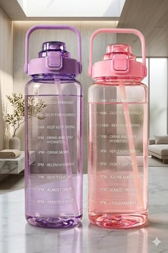 Image of Motivational Water Bottle 2 Litre with Time Marker | Leak Proof BPA Free Gym Bottle | Sports Drinking Bottle with Straw & Handle for Office, Gym, School (purple and pink)
