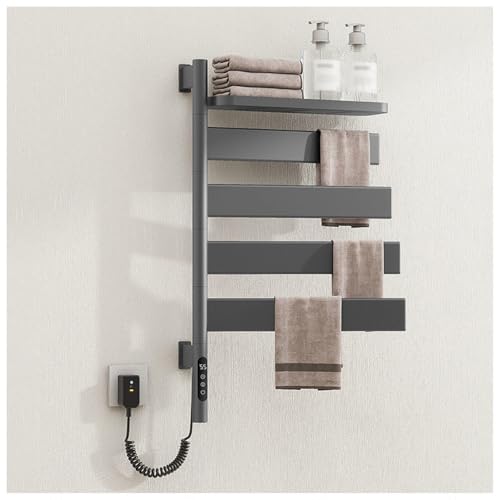 Toallero térmico de pared con rotación de 180°, calentador de baño eléctrico con temporizador y pantalla LED, protección contra sobrecalentamiento, cableado, calentador de toallas blanco