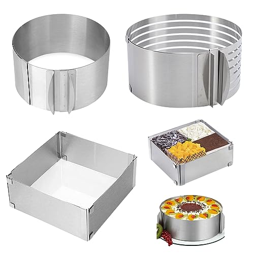 DASIAUTOEM 3 Stück Tortenring Verstellbar Set, Backrahmen Rechteckig Verstellbar, Tortenboden Schneidehilfe, Kuchenform Set zum Backen und für die Torten-Zubereitung für Backen, Schichttorten (3)