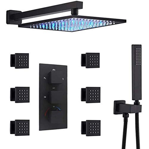 CLLBANT Sistema de Ducha de Lluvia con LED Negro montado en la Pared de latón de 10 a 12 Pulgadas con válvula mezcladora termostática y 6 rociadores corporales masajeadores y Juego Combinado de Ducha