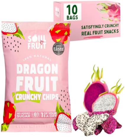 Soul Fruit - Freeze Dried Dragon Fruit Crisps - Crunchy Dried Fruit Snack - No Added Sugar – High in Fibre - Low Calorie Snacks - Gluten Free - Healthy Snacks for Adults & Kids - 10 x 20g