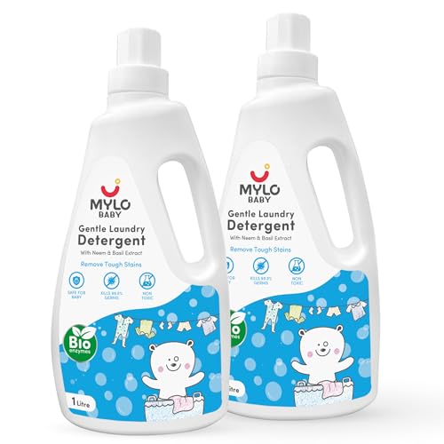 Mylo Baby Safe Laundry Liquid Detergent (1000ML Pack of 2- Without Dyes & Optical Brighteners) | With Bio - Enzymes and Basil, Neem extract| Anti-Bacterial, For Newborn Clothes