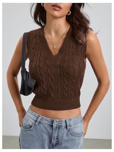 Image of Milumia Women's Cable Knit V Neck Sweater Vest Sleeveless Ribbed Crop Tank Top