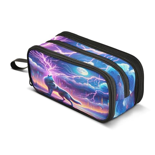 Image of Wolf Howling Moon Lightning Pencil Case Box Boys Girls Large Pencil Pouch with Zipper Compartments Big Capacity Stationery Pen Bag Organizer for Kids Teens Adults School