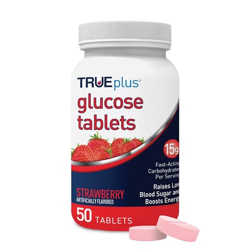 TRUEplus Glucose Tablets Chewable Strawberry Flavor 15g Fast-Acting Carbohydrates Fat Free Gluten Free Boost Energy 50 Count
