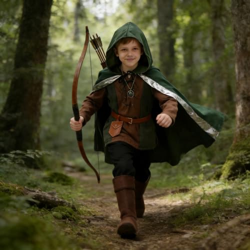 Image of Akokvlar 8 Pcs Medieval Archer Costume for Boys Renaissance Kids Hunter Costume with Cape