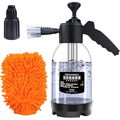 泡スプレーボトル 2L 蓄圧式スプレー 泡ポンプ噴霧器 手動タイプ 大容量スプレー 霧吹き ハンド加圧ソープス-プレー 電池不要 簡単洗浄 濃密な泡立ち 水やり 園芸用 洗車用品 掃除用品 洗車用手袋(色ランダム)1個付属 (透明)