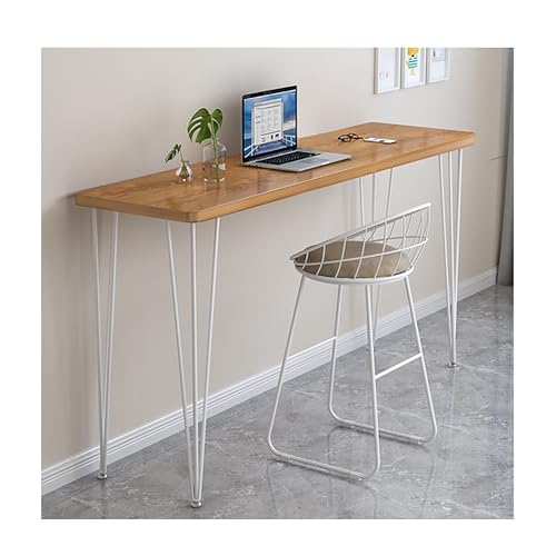 Mesa de bar estrecha de madera maciza con patas de metal, encimera superior de 70.8 pulgadas de alto para cocina, cafetería, apartamento, ideal para pequeñas barras de desayuno (marrón y blanco