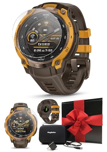Image of PlayBetter Garmin Instinct Crossover AMOLED (Bronze /Sunburst Cocoa) Outdoor GPS Smartwatch Gift Box Bundle - Analog Display, Built-in Flashlight HD Screen Protectors, Wall Adapter & Case