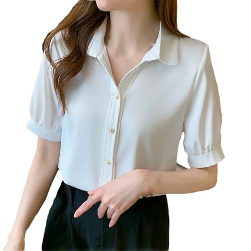 Camisa de manga corta de satén de color sólido para mujer, con un solo botonadura, casual, holgada, cuello vuelto, blanco, XXL