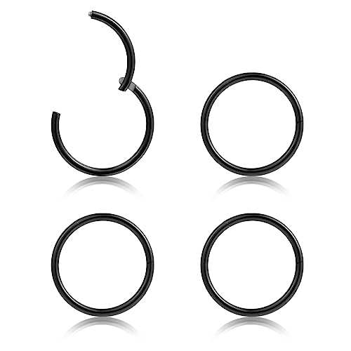 SEVEN LADY Nose Rings 4Pcs 16G 18G 20G Surgical-Steel-Piercing-Ring-Nose-Rings-Hinged-Hoop-Earrings,6mm 8mm 10mm 12mm Seamless Stainless Clicker Septum,Sliver Body Jewelry Set (4Pcs 20G 8mm Black)