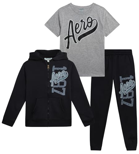 AEROPOSTALE Conjunto de pantalones deportivos para niño, 3 piezas de forro polar con cremallera, pantalones deportivos y camiseta gráfica, conjunto de ropa deportiva para niños (8-12), Negro Gris, 8
