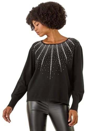 Image of Roman Originals Embellished Knitted Jumper for Women UK - Ladies Everyday Autumn Winter Crew Neckline Comfy Soft Evening Vacation Work Party Night Out - Black - Size ONE