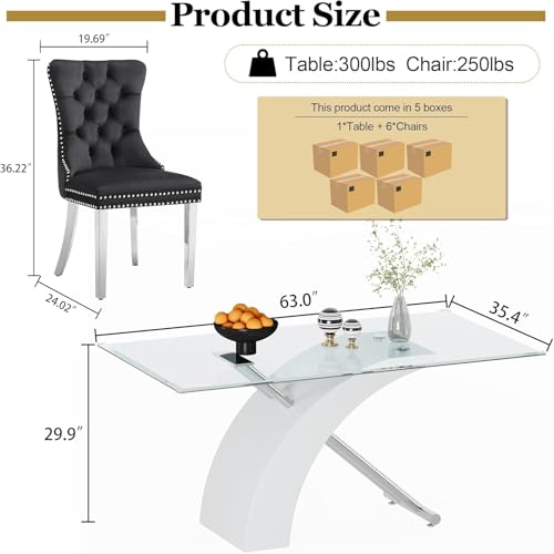 Image of 7 Piece Glass Dining Table Set for 6, 63 inch Modern Kitchen Table with 6 Black Velvet Chairs, Tempered Glass Tabletop with White X-Shaped MDF Base, Modern Dining Room Set for Kitchen and Dining Room