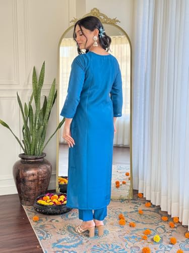 Kurta en soie romaine bleu sarcelle brodé coupe droite chic