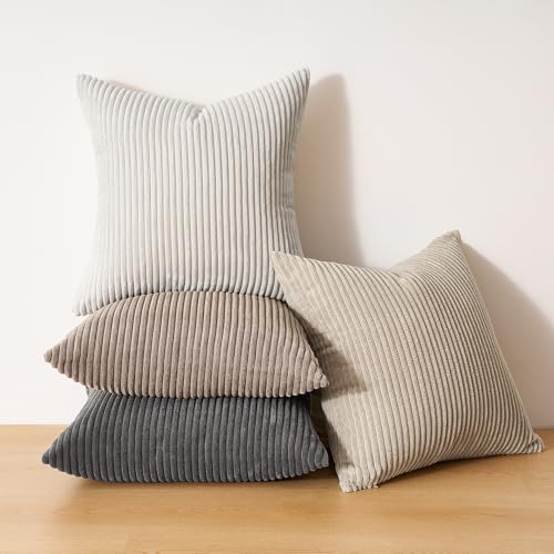 Image of Topfinel 4 Packs Natural Decorative Throw Pillows Covers 22x22 Inch for Living Room Couch Bed Sofa, Rustic Farmhouse Boho Neutral Home Decor, Soft Plush Striped Corduroy Square Cushion Case 40x40 cm