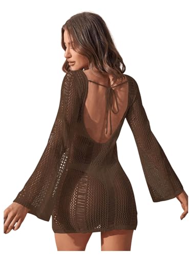 Image of Floerns Women's Crochet Cover Up Long Sleeve Hollow Out Bikini Swimsuit Beach Cover Up Swimwear