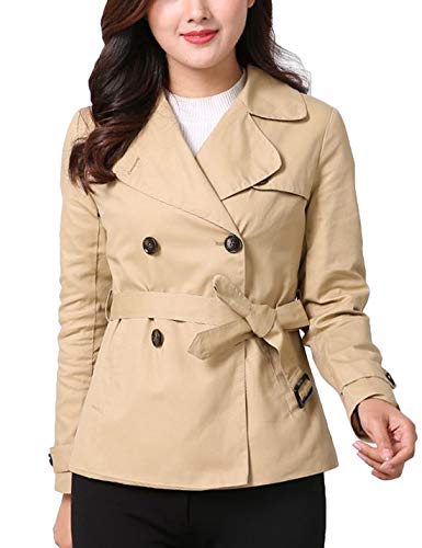 Lentta Women s Slim Fashion Fit Double-Breasted Short Trench Coat With Belted (Small, Khaki)