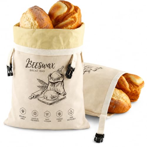 ZoeQide Lot de 2 sacs à pain en cire d'abeille - En coton - 43 x 33 cm - Réutilisables - Avec fermeture à clip - Sac à pain pour cuisine, garde-manger, pique-nique et shopping