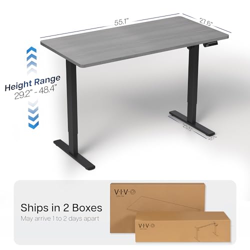 Image of VIVO Dark Gray 55 x 28 in Standing Desk, DESK-KIT-1B55G | Electric, Holds 220 lbs, Sit Stand, Height Adjustable, Solid One-Piece Table Top, Memory Presets, 1B Series, Black Frame
