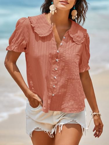 Image of Tankaneo Womens Puff Sleeve Shirts Peter Pan Collar Button Down Cotton Blouse Casual Summer Textured Tops