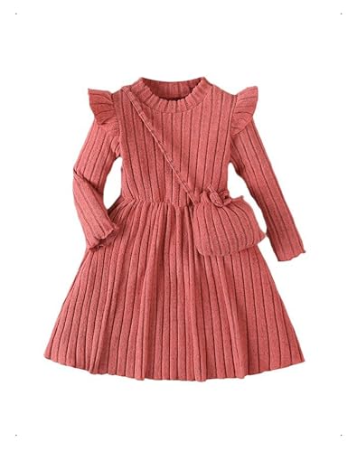 HEOXIN Robe Pull pour Fille avec Sac a Bandoulière, Robe Fille Manches Longues a Volants, Taille Élastique Robes pour Filles, Hiver Enfant Smockée Robes Coupe Trapèze, Rouge, 3-4 Ans