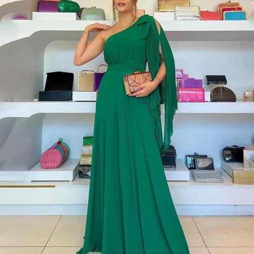 Formal Dresses for Women 2025 One Shoulder Chiffon Bridesmaid Dresses A-Line Long Sleeve Ruched Wedding Guest Dress Emerald Green US10 - Thumbnail 3