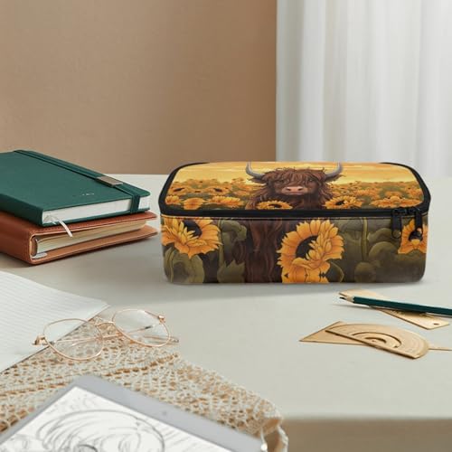 Image of Cattle Sunflower Girls Pencil Pouch, Large Capacity Pencil Case for 3-18 Years Kids Children, Unisex Pencil Bag for School, Office, Makeup, Gift