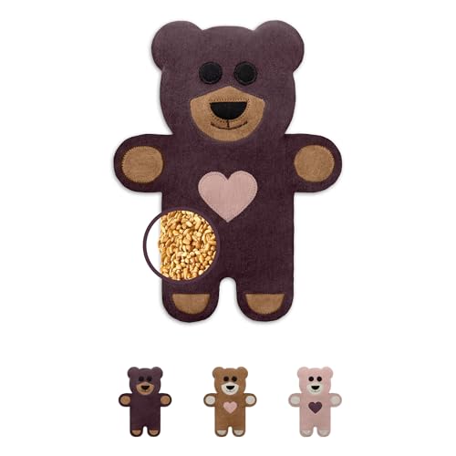 LESCHI 10-Chamber Wheat Bag for Microwave, Washable - Grain Pillow Made of 100% Organic Cotton & Organic Wheat - Ideal Natural Relief for Stomach and Period Pain - Teddy Bear, Purple with Heart