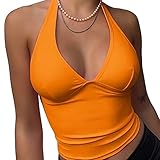 DREAM SLIM Women's Tie Back Halter Crop Top Sexy Deep V Neck Sleeveless Tie Back Camisole Casual Workout Tank Tops (Orange, M)