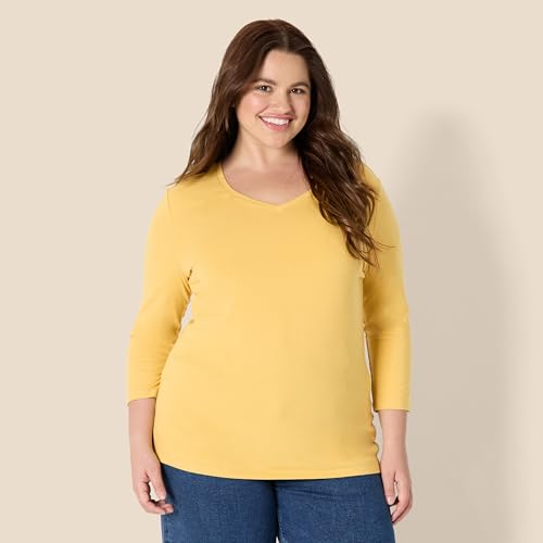Amazon Essentials Camiseta con Cuello en V y Manga 3/4 de Corte Estándar (Disponible en Tallas Grandes) Mujer, Amarillo Oscuro, XXL