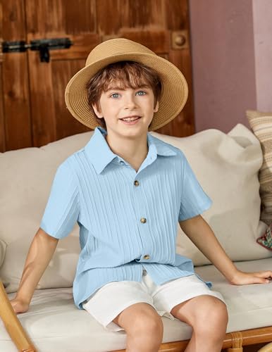 Image of Arshiner Boys Casual Short Sleeve Button Down Shirt Fashion Textured Summer Beach Shirt 3-13 Years Old