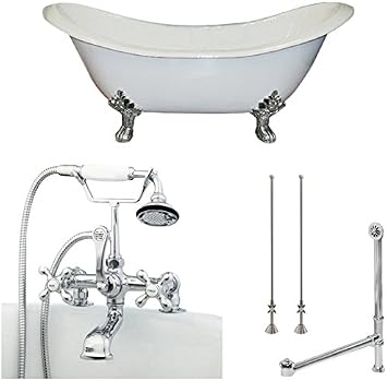 Cambridge Plumbing DES-463D-2-PKG-CP-7DH 71" x 30" Cast Iron Double Ended Slipper Tub with 7" Deck Mount Faucet Drillings & Complete Polished Chrome Plumbing Package, 71" x 30" x 31"