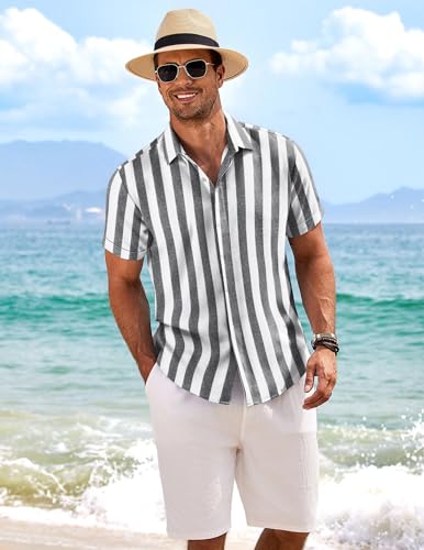 image for COOFANDY Men's Grey Stripe Button Down Shirt Short Sleeve Striped Shir