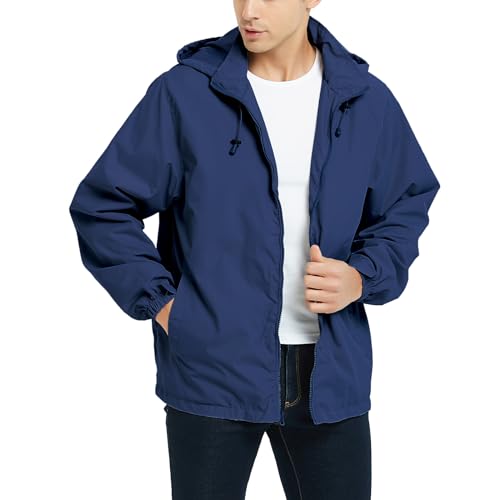 Mywu Jaqueta masculina corta-vento leve, impermeável, com capuz, corrida, caminhada, ciclismo, Azul