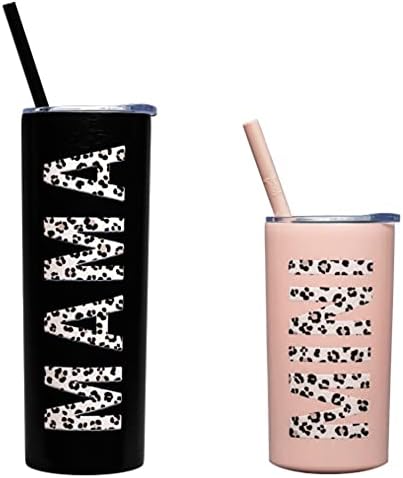 Lucky Love Mama + Mini Stainless Steel Cups for Kids and Adults - 3D Printed Leopard Insulated Tumblers with Lids and Straws Making This Mom Mug and Toddler Straw Cup Spill Proof (Black and Blush)