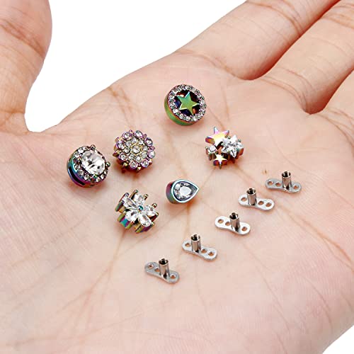 Ocptiy Dermal Piercing Jewelry Top Base Kit 14G G23 Titanium Dermal Anchor Internally Threaded Coloful Rainbow Diamond Dermal Replacement Stud Piercing Ball Jewelry Women Men #TOP2
