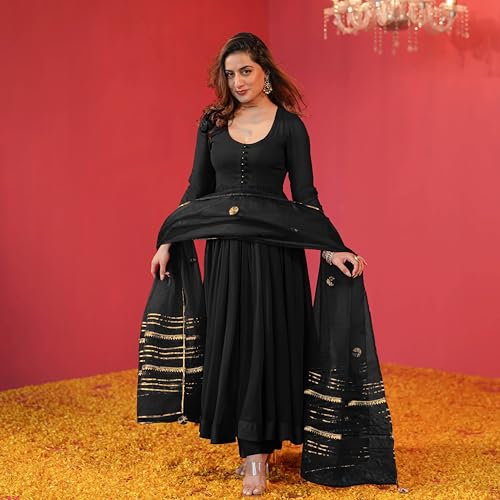 Image of GoSriKi Women's Rayon Viscose Anarkali Solid Kurta with Pant & Dupatta | Soft Comfortable Fabric | Elegant Flared Ethnic Wear Set for Festive Casual Office Daily Use