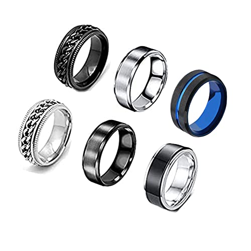 Lot de 6 bagues pour homme - En acier inoxydable noir - Pour homme - Alliances - Anxiété - Bague pivotante pour homme - Bagues d'amitié, 57(8), acier inoxydable Cover