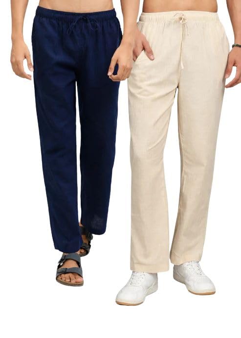 Navy Blue & Beige Combo Men Linen Pajama Pant Pack of 2 – Lightweight Breathable Sleepwear Lounge Bottoms for Men with Comfortable Fit-image-46