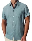 MOHEZ Mens Striped Shirts Casual Short Sleeve Button Down Shirts Textured Beach Summer Shirt, Green L