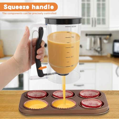 Pancake Batter Dispenser–4-Cup Batter Dispenser with Cupcake Scoop Batters Dispenser,Pancake Waffl Mix Dispenser with Squeeze Handle & Measuring Marks,for Cupcake,Muffins, Crepes - Thumbnail 4