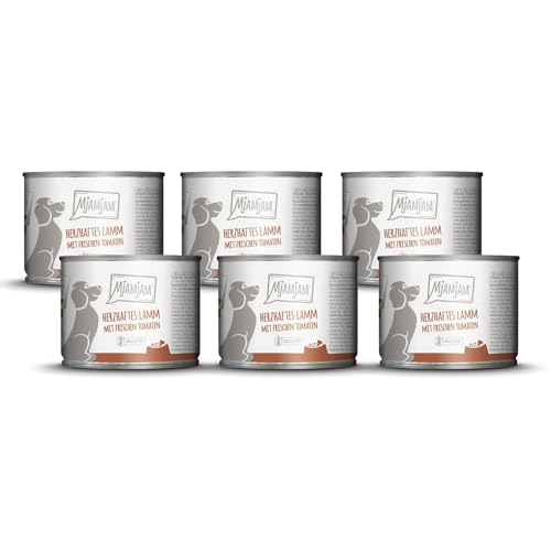 MjAMjAM - Premium Nassfutter für Hunde - herzhaftes Lamm an gekochtem Reis mit frischen Tomaten, 6er Pack (6 x 200 g), naturbelassen mit extra viel Fleisch